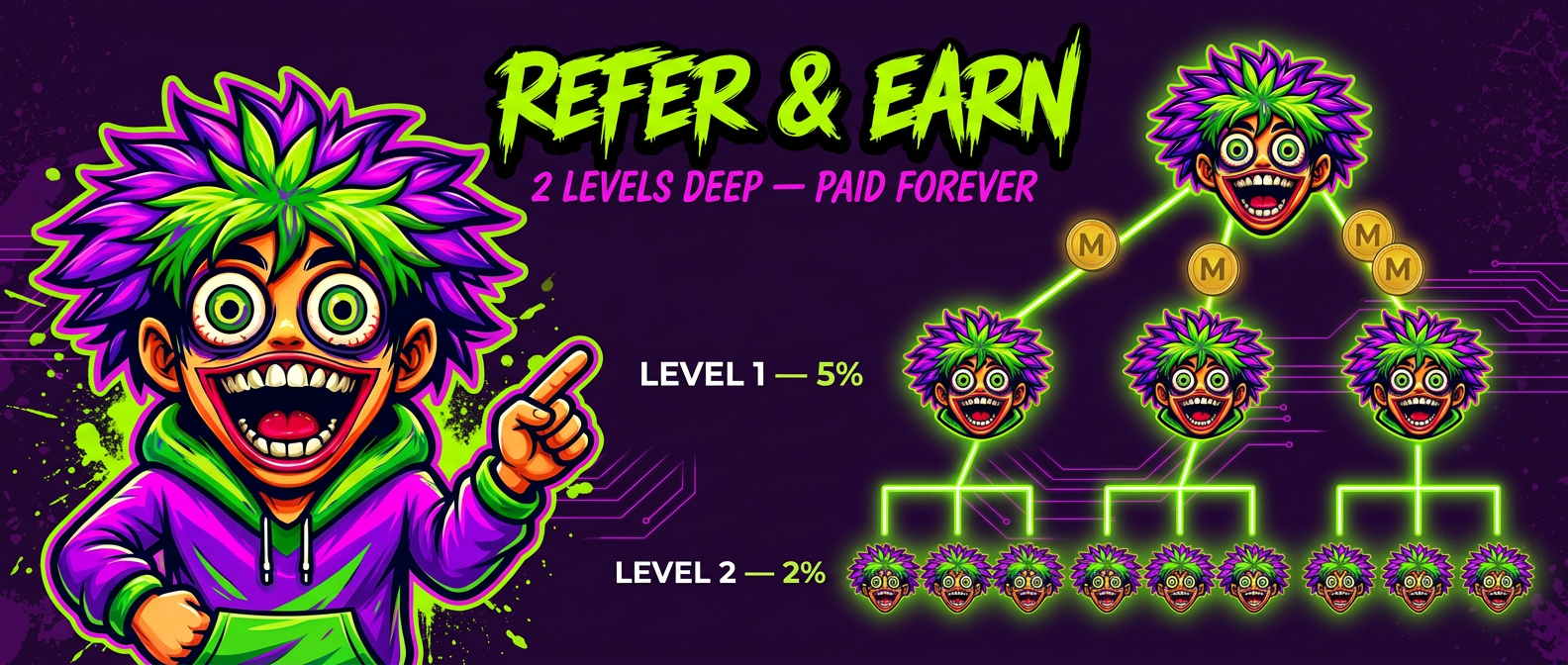 Lynny the Memez mascot pointing at a two-level referral downline diagram showing 5% level one and 2% level two rewards