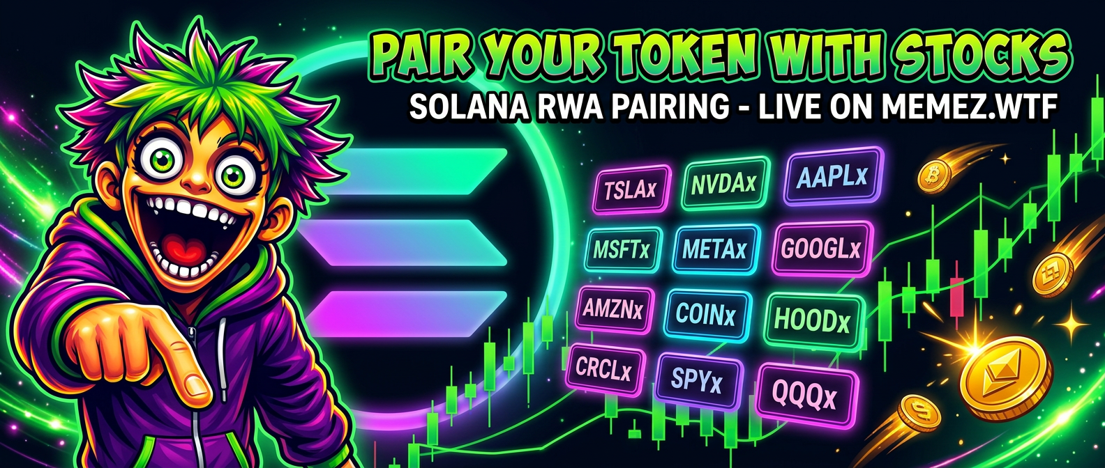 Lynny the Memez mascot pointing at tokenized stock tickers including TSLA, NVDA and SPY