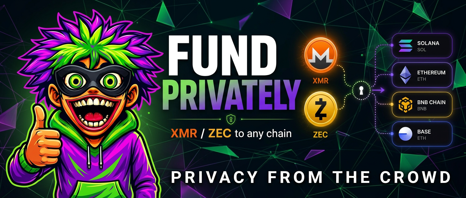 Lynny the Memez mascot wearing a privacy mask beside Monero and Zcash coins flowing into Solana, Ethereum, BNB Chain and Base badges